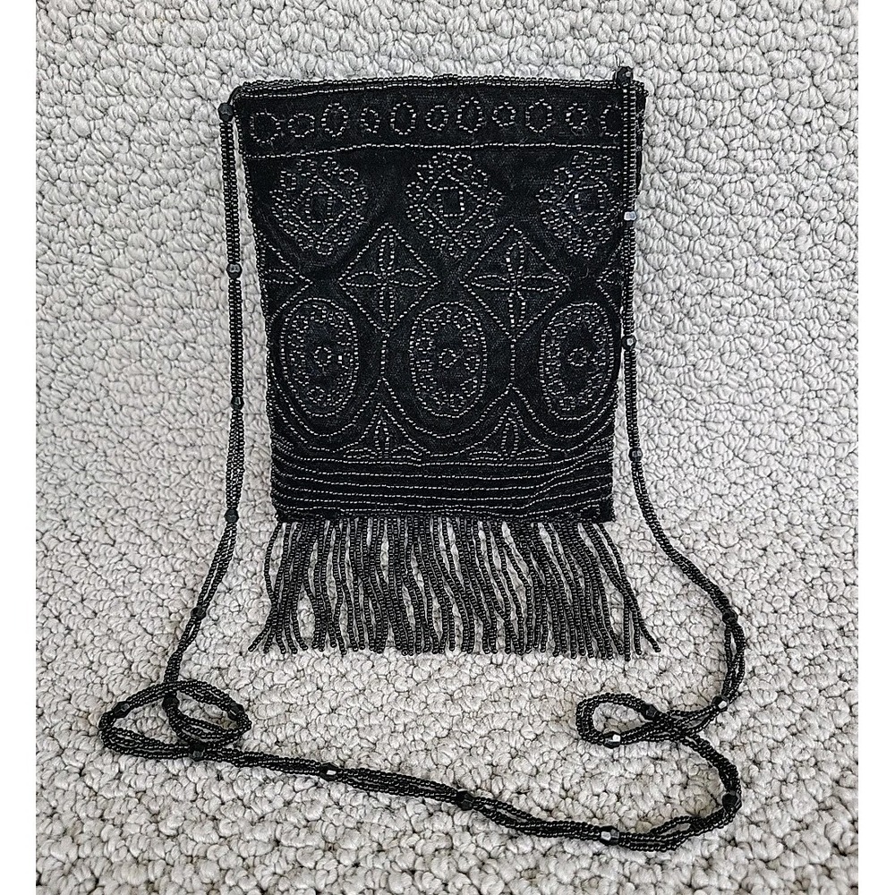 Vtg Magid Black Velvet Beaded Fringe Mini Crossbody Evening Cocktail Purse Bag